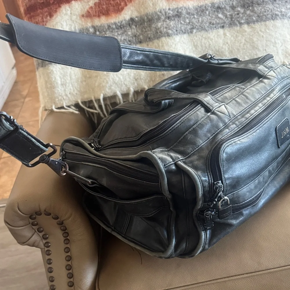 Tumi Black Leather Duffel Bag with Monogrammed JHM